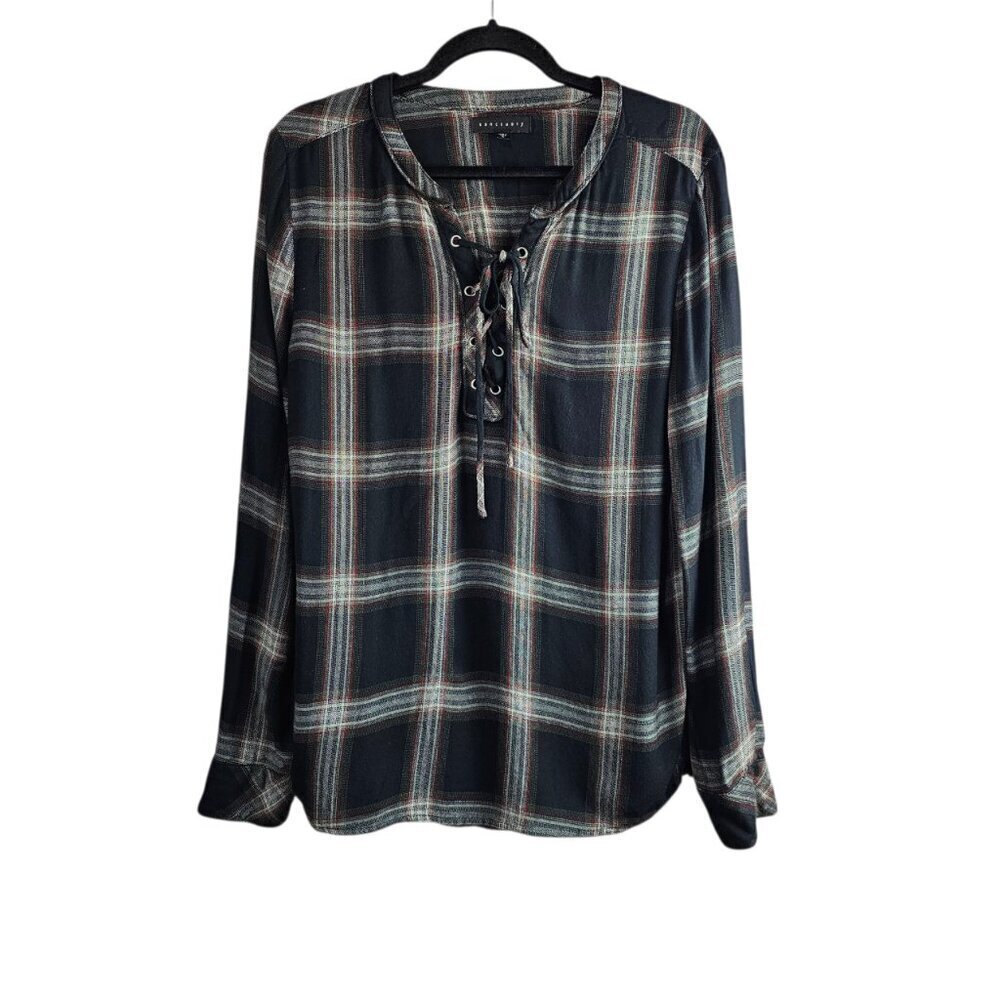 Sanctuary Anthropologie Long Sleeve Plaid Lace Up V Neck Black Top